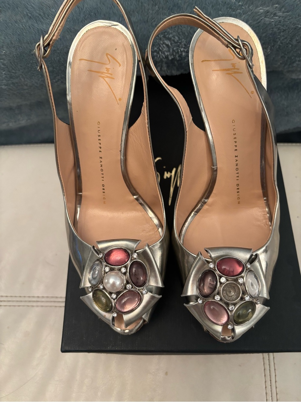 Giuseppe Zanotti Silver Jeweled Peep-Toe Slingbacks